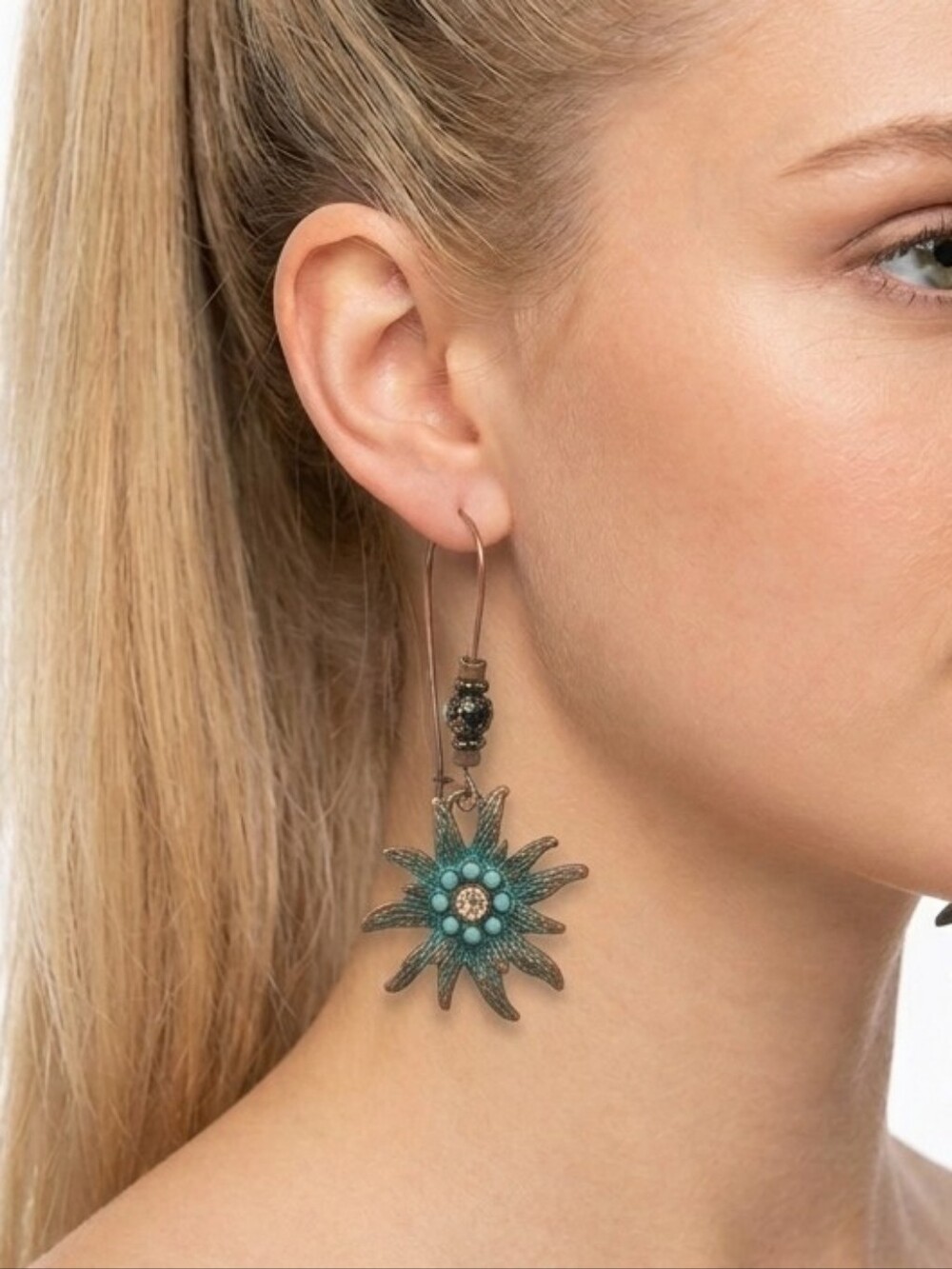 Turquoise Floral Drop Earrings Blue Beaded Bohemian Copper Bronze Lightweight